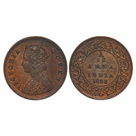 Victoria Queen, Copper, 1/12 Anna, 1862, (17.37-17.41 mm.), Calcutta Mint, A/I, The Queens