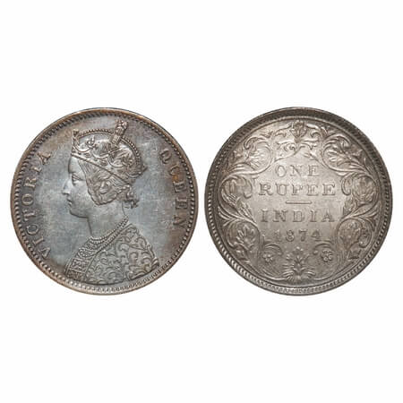 Victoria Queen, Silver, Rupee, 1874, Bombay Mint, A2/II, No dot, Normal numeral 4. F. Prid
