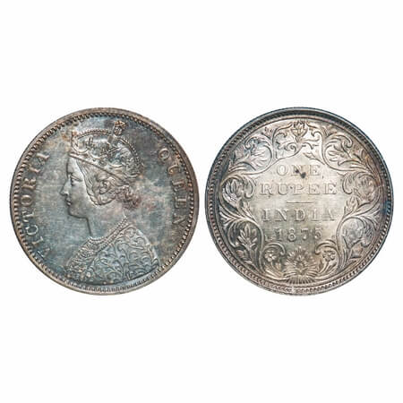 Victoria Queen, Silver, Rupee, 1875, Bombay Mint, A2/II, Dot, Top stroke of numeral 5 long