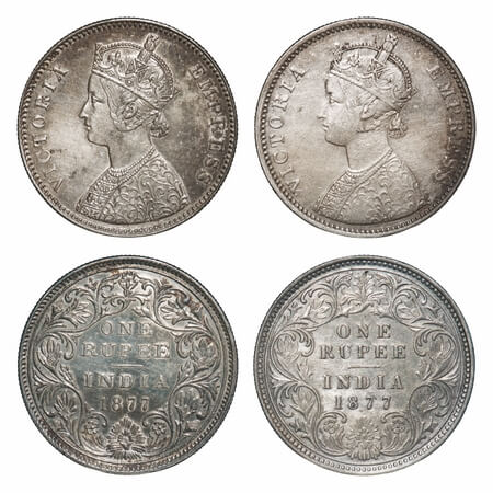 Victoria Empress, Silver, Rupee, 1877, (2 coins), Bombay Mint, 1) A2/II, Dot, 2) A3/II(i),