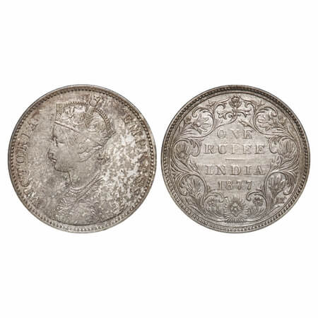 Victoria Empress, Silver, Rupee, 1877, Bombay Mint, A3/II, No dot. F. Prid. 148. GK 436. V