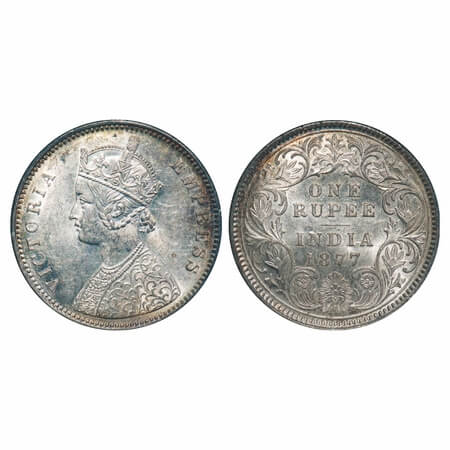 Victoria Empress, Silver, Rupee, 1877, Calcutta Mint, A1/I, No mint mark, Thick numeral 77