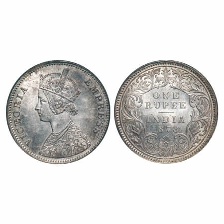 Victoria Empress, Silver, Rupee, 1878, Calcutta Mint, A1/I, No mint mark. F. Prid. 116. GK