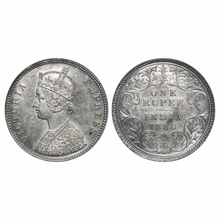 Victoria Empress, Silver, Rupee, 1880, Calcutta Mint, A1/I, 'C' incused. F. Prid 118. GK 4