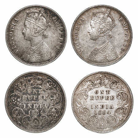 Victoria Empress, Silver, Rupee, 1884, (2 coins), Bombay Mint, 1) A3/II(i), 'B' raised (bo