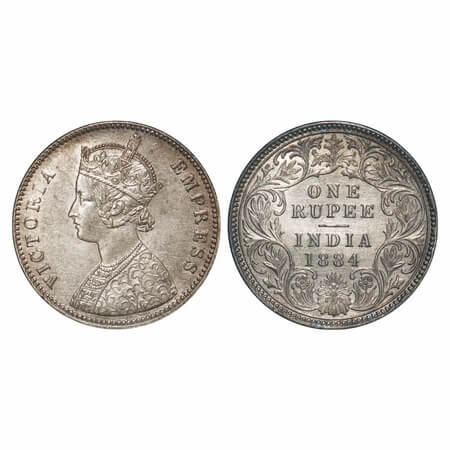 Victoria Empress, Silver, Rupee, 1884, Calcutta Mint, A1/I, 'C' incused. F. Prid 123. GK 4