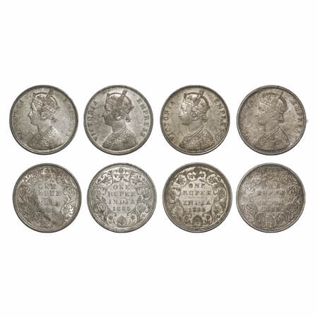 Victoria Empress, Silver, Rupee, 1885, (4 coins), Bombay Mint, 1) A3/II(i), 'B' raised, To
