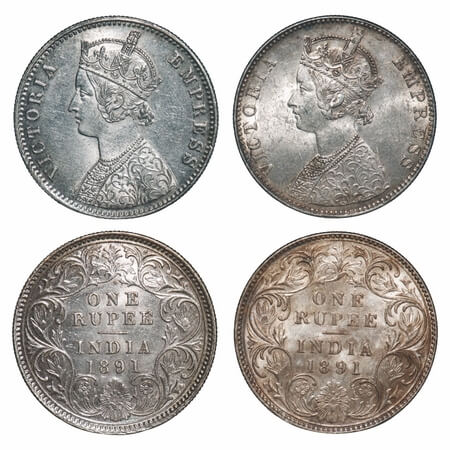 Victoria Empress, Silver, Rupee, 1891, (2 coins), 1) Bombay Mint, C2/I, 'B' incused, 2) Ca