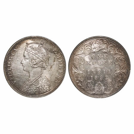 Victoria Empress, Silver, Rupee, 1892, Bombay Mint, C2/I, 'B' incused. F. Prid 181. GK 572