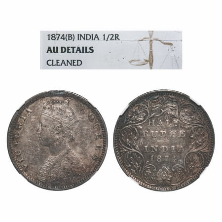 Victoria Queen, Silver, Half Rupee, 1874, Bombay Mint, B1/II, Dot, The Queens jabot has 4 
