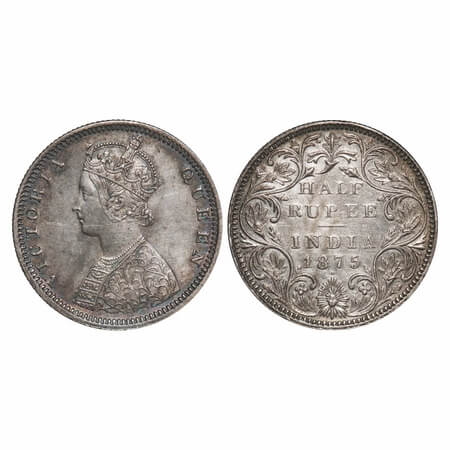 Victoria Queen, Silver, Half Rupee, 1875, Bombay Mint, B2/II, Dot, The Queens jabot has 4 