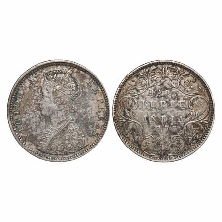 Victoria Empress, Silver, Half Rupee, 1877, Bombay Mint, B2/II, Dot, The Queens jabot has 