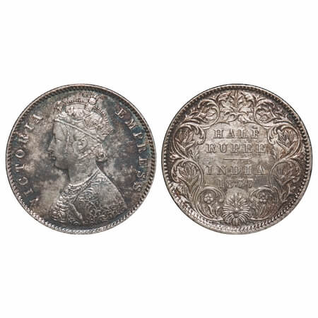 Victoria Empress, Silver, Half Rupee, 1877, Calcutta Mint, A/I, No mint mark, The Queens j