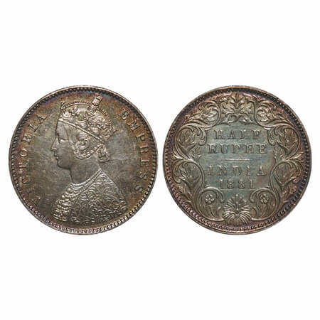 Victoria Empress, Silver, Half Rupee, 1881, Calcutta Mint, A/I, 'C' incused, The Queens ja