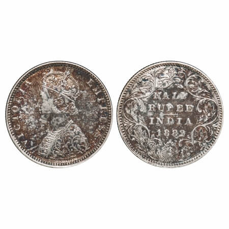 Victoria Empress, Silver, Half Rupee, 1882, Bombay Mint, B2/II, Dot, The Queens jabot has 