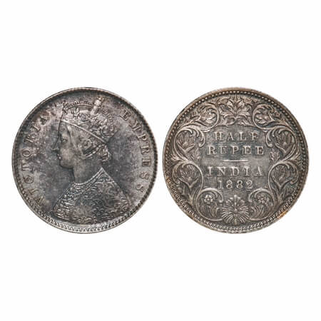 Victoria Empress, Silver, Half Rupee, 1882, Calcutta Mint, A/I, 'C' incused, The Queens ja