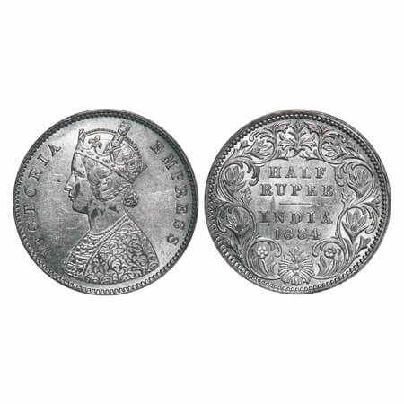 Victoria Empress, Silver, Half Rupee, 1884, Calcutta Mint, A/I, 'C' incused, The Queens ja