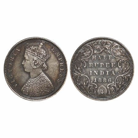 Victoria Empress, Silver, Half Rupee, 1886, Bombay Mint, A/II(i), 'B' raised, Centre verti