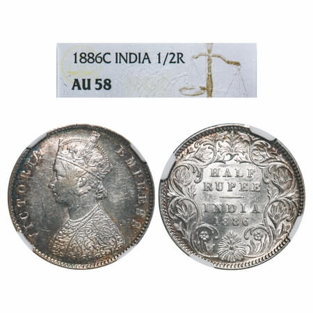 Victoria Empress, Silver, Half Rupee, 1886, Calcutta Mint, A/I, 'C' incused, The Queens ja