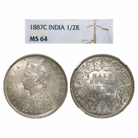 Victoria Empress, Silver, Half Rupee, 1887, Calcutta Mint, A/I, 'C' incused, The Queens ja
