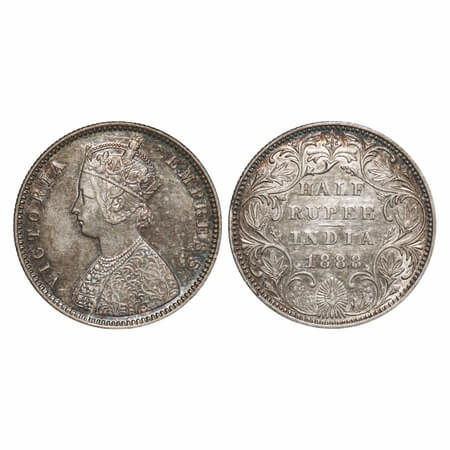 Victoria Empress, Silver, Half Rupee, 1888, Bombay Mint, A/II(i), No mint mark, w/o 'B' ma