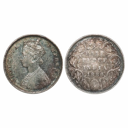Victoria Empress, Silver, Half Rupee, 1888, Bombay Mint, A/II(i), 'B' raised, Big 'B', Cen