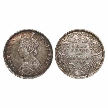 Victoria Empress, Silver, Half Rupee, 1888, Calcutta Mint, A/I, 'C' incused, The Queens ja