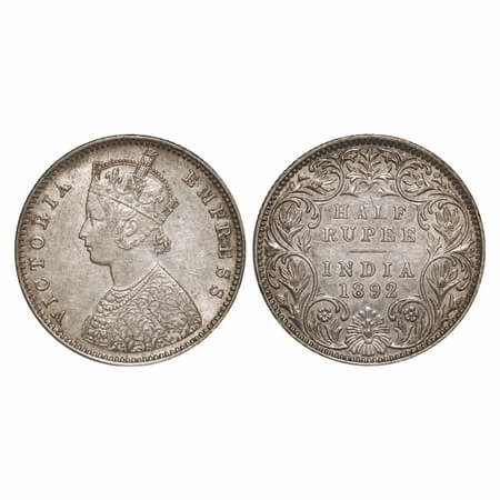 Victoria Empress, Silver, Half Rupee, 1892, Bombay Mint, A/I, 'B' incused, The Queens jabo