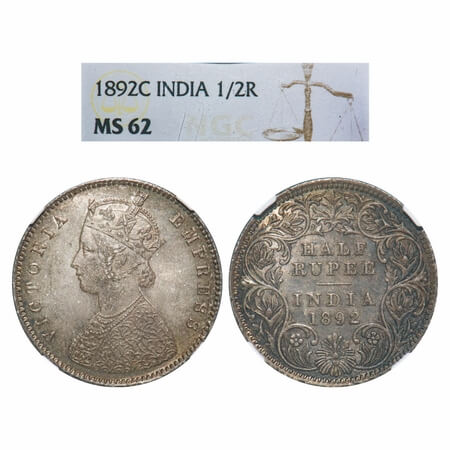 Victoria Empress, Silver, Half Rupee, 1892, Calcutta Mint, A/I, 'C' incused, The Queens ja