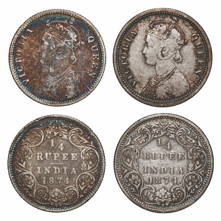 Victoria Queen, Silver, 1/4 Rupee, (2 coins), 1874, 1) Bombay Mint, A/I, dot, Queens jabot