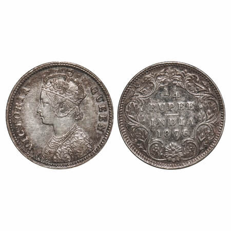 Victoria Queen, Silver, 1/4 Rupee, 1876, Calcutta Mint, A/I, No mint mark, No 'C', Queens 
