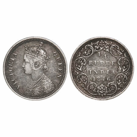 Victoria Queen, Silver, 1/4 Rupee, 1876, Bombay Mint, A/I, No dot, Queens jabot has 4 comp