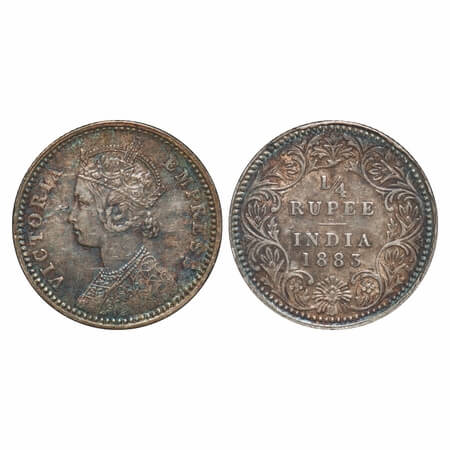 Victoria Queen, Silver, 1/4 Rupee, 1883, Calcutta Mint, C/II, 'C' incused, Queens jabot ha
