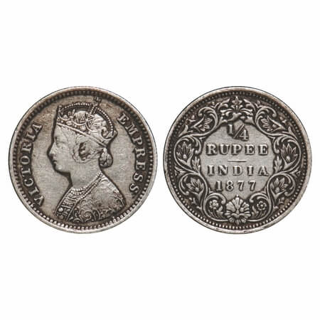 Victoria Empress, Silver, 1/4 Rupee, 1877, Bombay Mint, B/I, Dot, Queens jabot has 4 panel