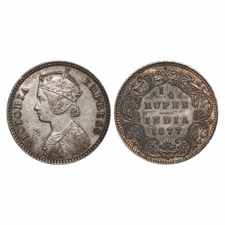 Victoria Empress, Silver, 1/4 Rupee, 1877, Calcutta Mint, B/I, No mint mark, No 'C', Queen