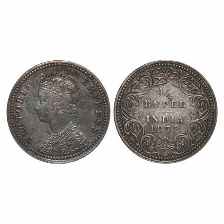 Victoria Empress, Silver, 1/4 Rupee, 1878, Calcutta Mint, C/II, No mint mark, No 'C', Quee