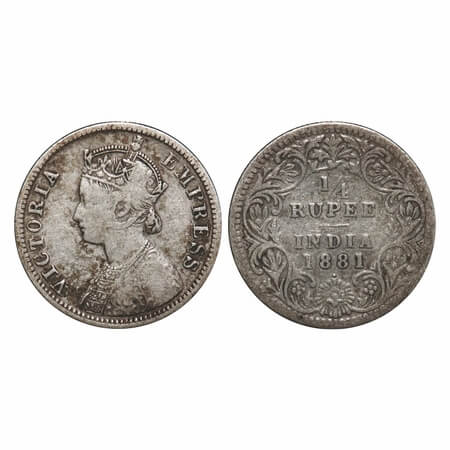 Victoria Empress, Silver, 1/4 Rupee, 1881, Bombay Mint, A/II, Dot, Queens jabot has 4 comp