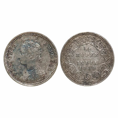 Victoria Empress, Silver, 1/4 Rupee, 1881, Bombay Mint, C/II, Dot, Queens jabot has 3 comp