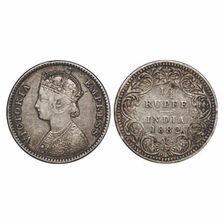 Victoria Empress, Silver, 1/4 Rupee, 1882, Bombay Mint, B/II, Dot, Queens jabot has 4 pane