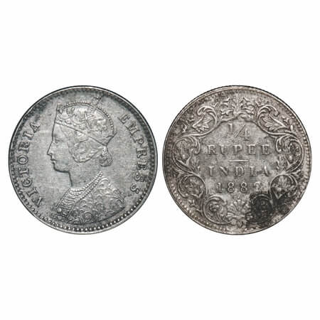 Victoria Empress, Silver, 1/4 Rupee, 1882, Bombay Mint, B/I, Dot, Queens jabot has 4 panel