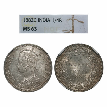 Victoria Empress, Silver, 1/4 Rupee, 1882, Calcutta Mint, C/II, 'C' incused, Queens jabot 