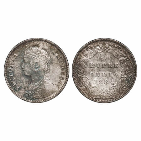 Victoria Empress, Silver, 1/4 Rupee, 1884, Bombay Mint, B/I, 'B' raised, Queens jabot has 