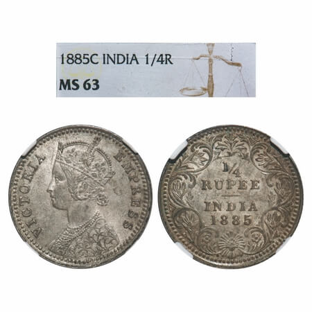 Victoria Empress, Silver, 1/4 Rupee, 1885, Calcutta Mint, C/II, 'C' incused, Queens jabot 