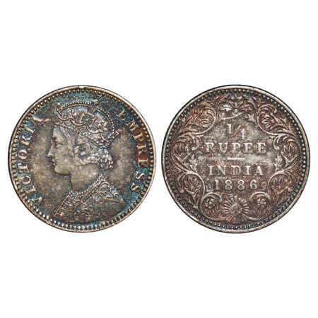 Victoria Empress, Silver, 1/4 Rupee, 1886, Bombay Mint, C(i)/II, 'B' raised, Queens jabot 