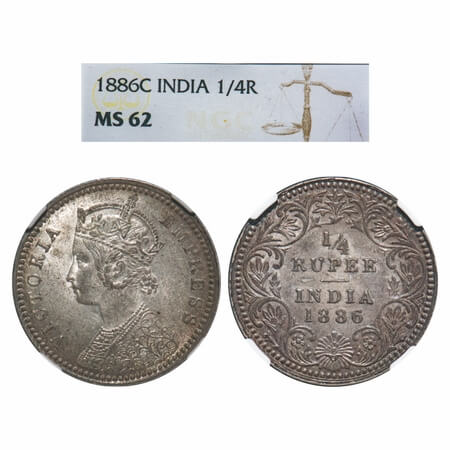 Victoria Empress, Silver, 1/4 Rupee, 1886, Calcutta Mint, C/II, 'C' incused, Queens jabot 