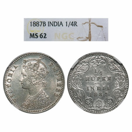 Victoria Empress, Silver, 1/4 Rupee, 1887, Bombay Mint, C(i)/II, 'B' raised, Queens jabot 