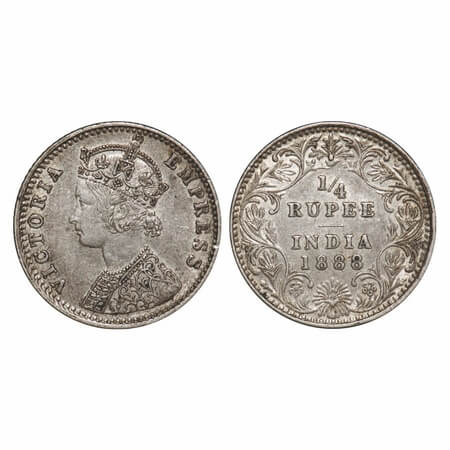 Victoria Empress, Silver, 1/4 Rupee, 1888, Bombay Mint, C(i)/II, 'B' raised, Queens jabot 