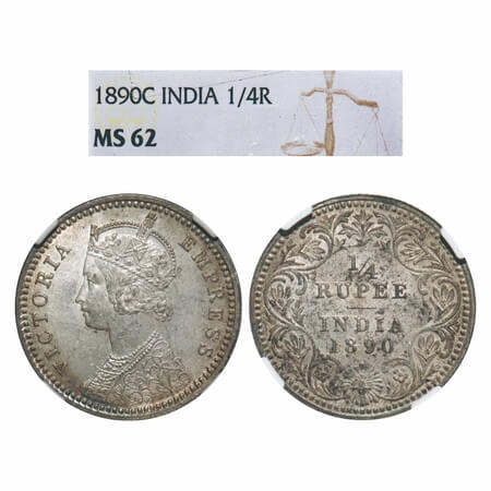 Victoria Empress, Silver, 1/4 Rupee, 1890, Calcutta Mint, C/II, 'C' incused, Queens jabot 