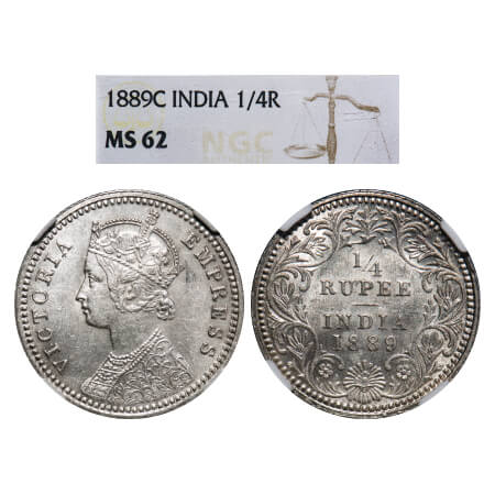 Victoria Empress, Silver, 1/4 Rupee, 1889, Calcutta Mint, C/II, 'C' incused, Queens jabot 