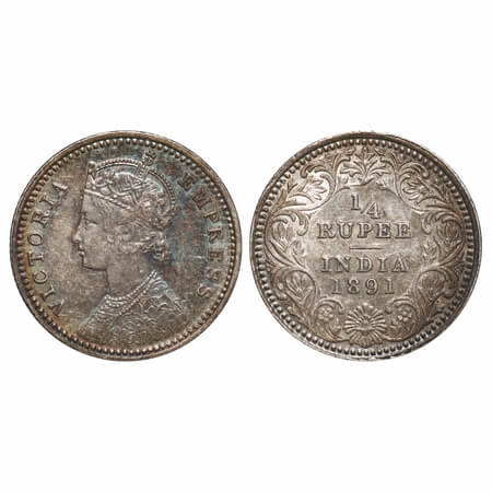 Victoria Empress, Silver, 1/4 Rupee, 1891, Calcutta Mint, C/II, 'C' incused, Queens jabot 